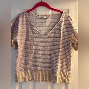 Prana Beige and Gold Striped V-Neck Tee